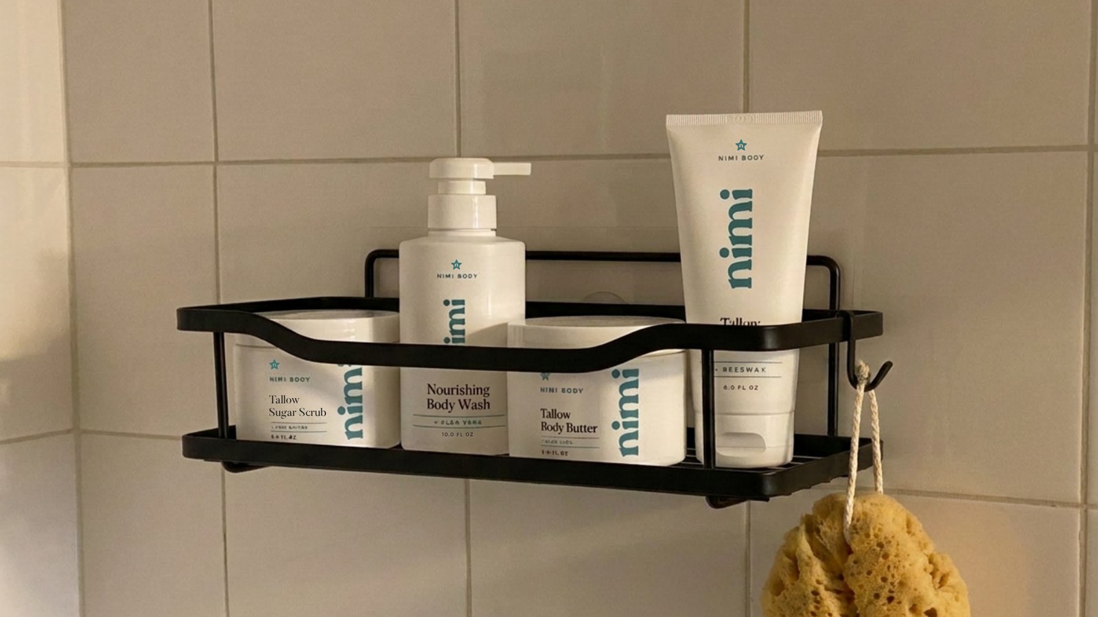 The Nimi Body line on a shower caddy